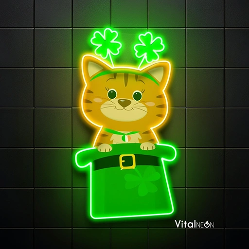 Cat Lucky Saint Patrick's Day LED Neon Sign | Cat Neon Wall Art