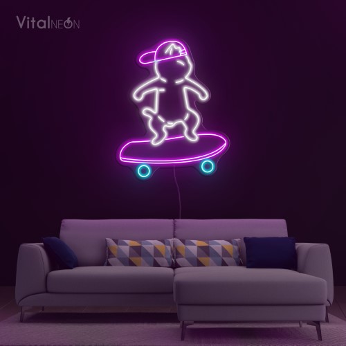 Cat Skateboarding Line Art Neon Sign