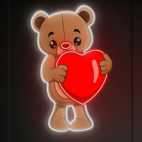 Cute Bear with Big Red Heart Neon Sign
