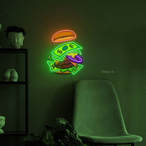 Hamburger and Money Neon Sign