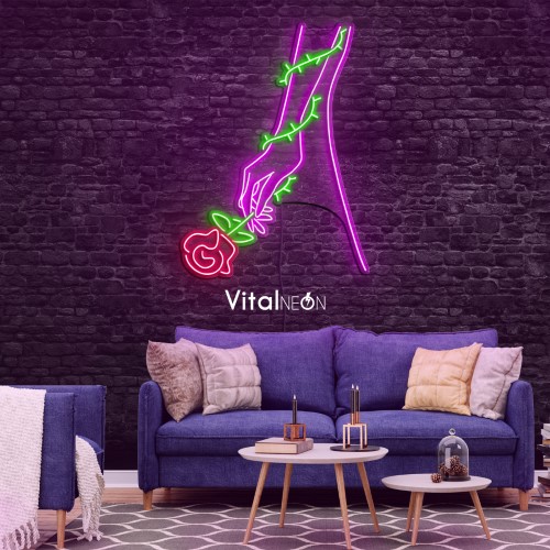 Hand Holding Rose Flower Neon Sign