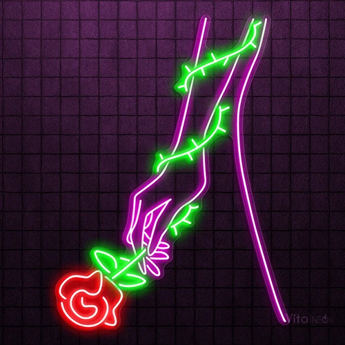 Hand Holding Rose Flower Neon Sign |  Romantic LED Glow