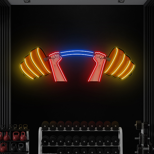 Hands Holding Barbell Neon Sign