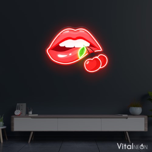 Lips Biting into a Cherry Neon Sign