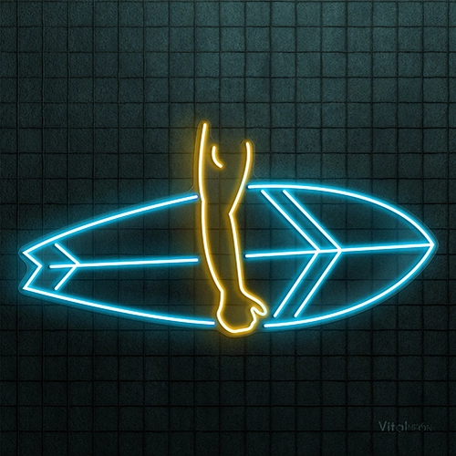 Man Holds Surfboard Neon Sign | Vibrant LED Surf Decor