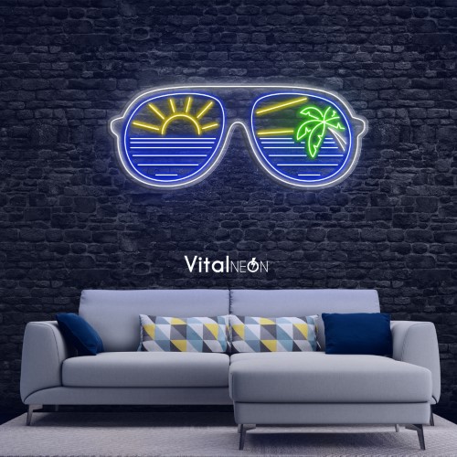 Sunglasses with Palm Trees and Sun Neon Sign