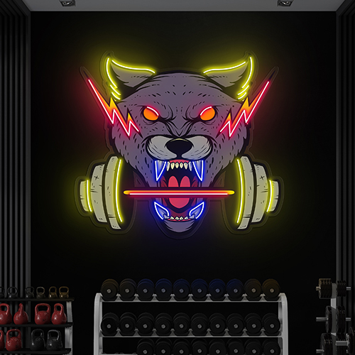 Wolf and Dumbbell Gym Neon Sign