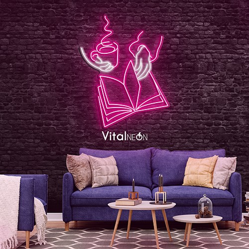 Women Reading Book and Coffee Neon Sign